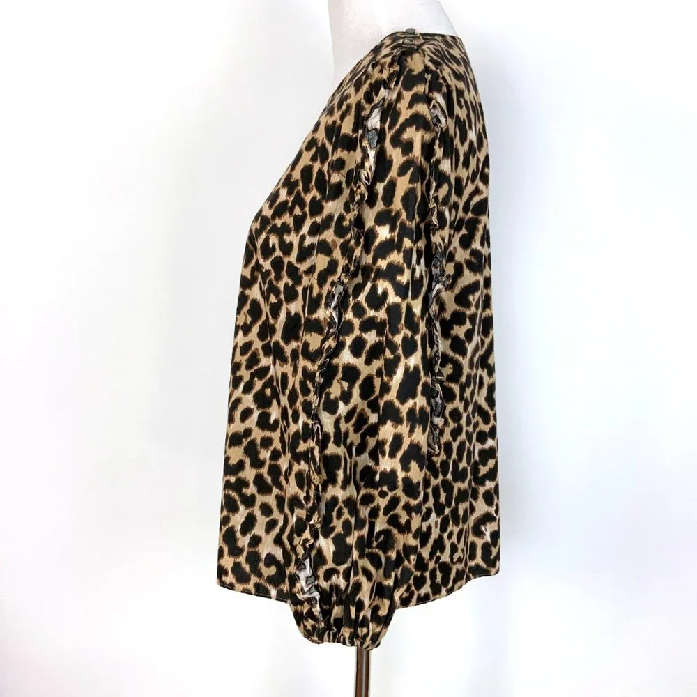 J. Crew Cotton Leopard Print Long Ruffle Trim Sleeves Blouse Sz S